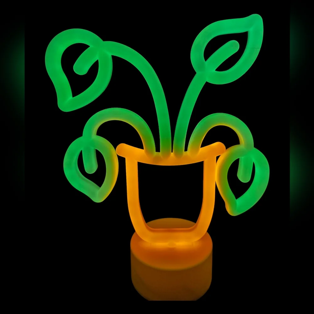 Neon Light Potted Plant Light Up LED Orange Green Tabletop Indoor Decor Battery